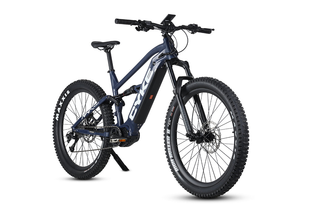 500W Mid-Drive, 720Wh, 75 miles, 500W Mid-Drive, Full Suspension Mountain Ebike for sale, Cyke Falcon A, Dark Blue / 17